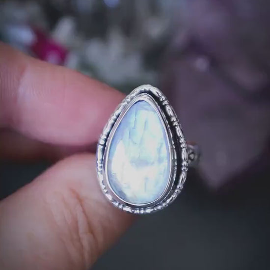 Bespoke and unique, rainbow moonstone sterling silver, mini statement ring - Crystal and jewellery gifts