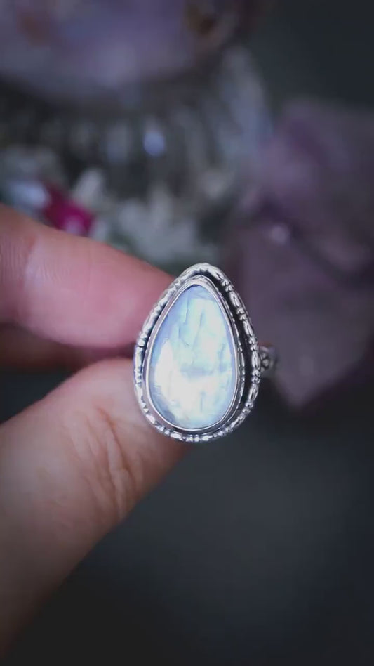 Bespoke and unique, rainbow moonstone sterling silver, mini statement ring - Crystal and jewellery gifts