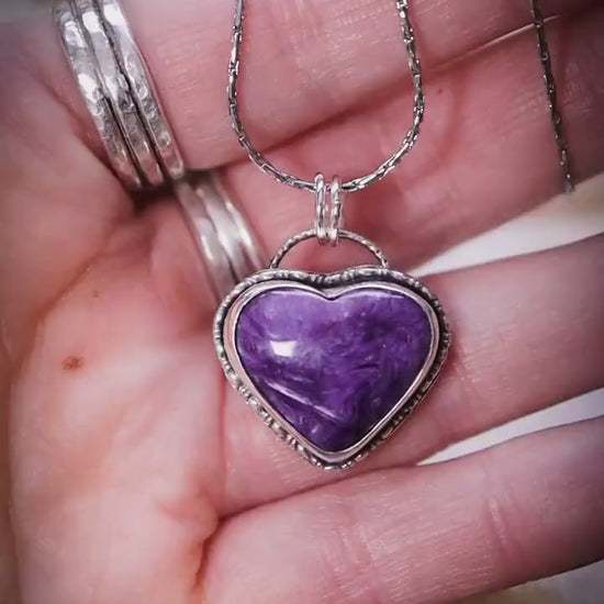 Handmade and dainty, charoite heart pendant necklace, gifts for her, gothic, witchy style