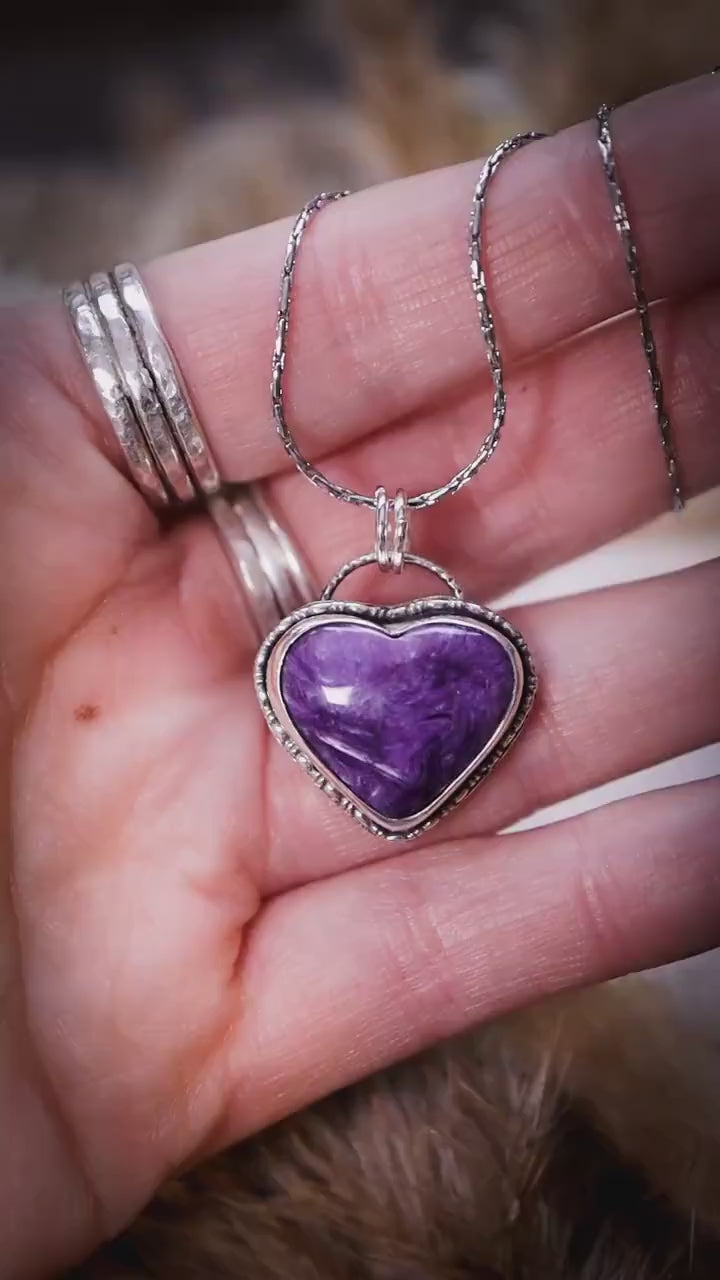 Handmade and dainty, charoite heart pendant necklace, gifts for her, gothic, witchy style