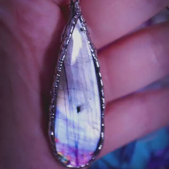 Large Labradorite Pendant Necklace, Soft Soldered Crystal, Gothic Jewellery