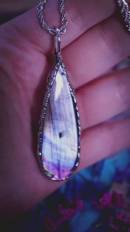 Large Labradorite Pendant Necklace, Soft Soldered Crystal, Gothic Jewellery