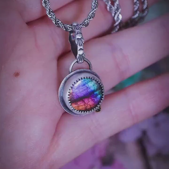 Rainbow Labradorite Pendant, Sterling Silver, Brass Accent, Patterned Bail, Boho Gothic Crystal Jewellery
