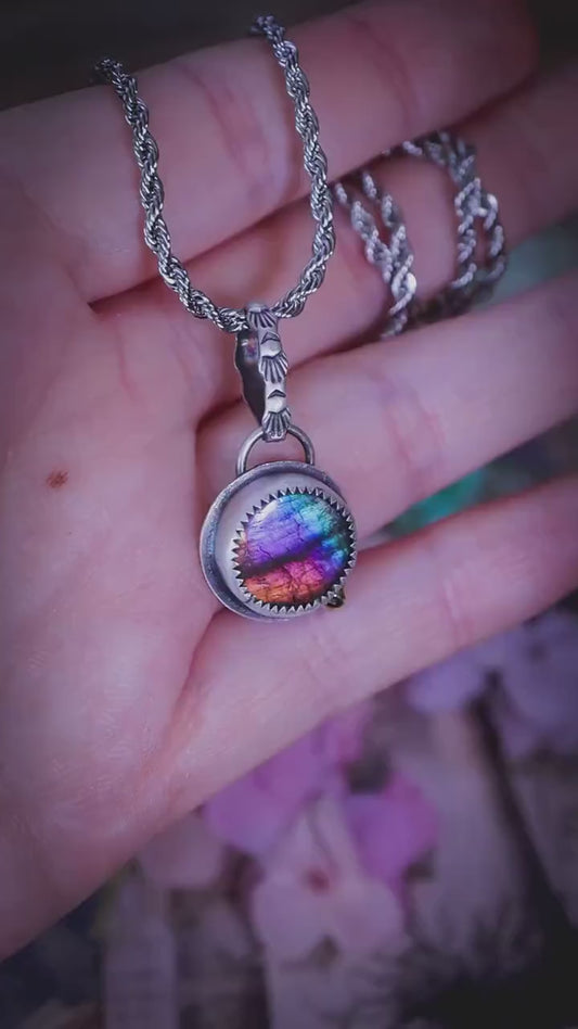 Rainbow Labradorite Pendant, Sterling Silver, Brass Accent, Patterned Bail, Boho Gothic Crystal Jewellery