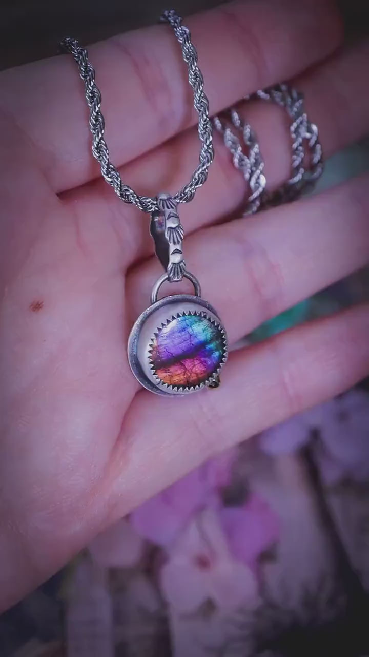 Rainbow Labradorite Pendant, Sterling Silver, Brass Accent, Patterned Bail, Boho Gothic Crystal Jewellery