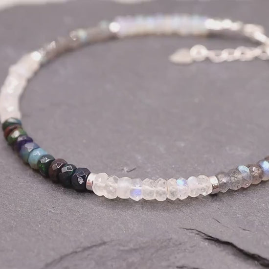 Ethiopian Welo Opal, Labradorite and Rainbow Moonstone dainty bracelet, Gifts for her.