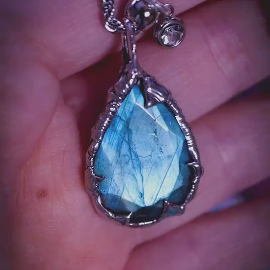 Handmade, faceted icy blue labradorite, soft soldered pendant necklace - gothic and witchy jewellery gifts