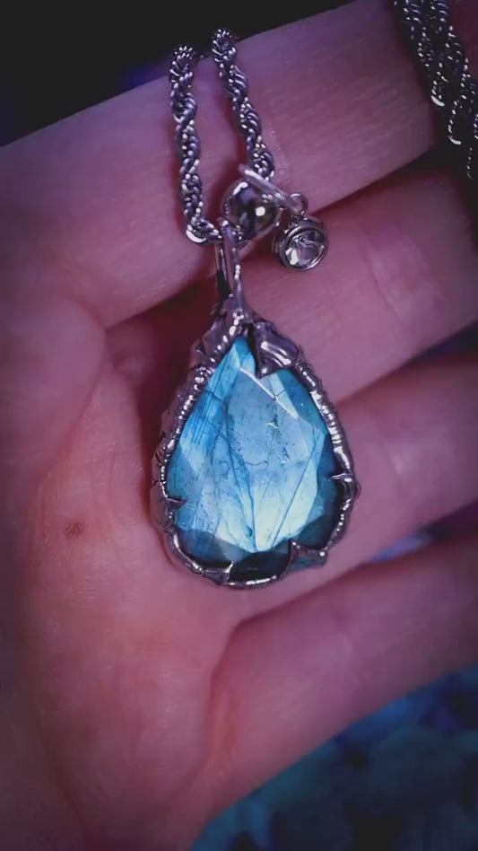 Handmade, faceted icy blue labradorite, soft soldered pendant necklace - gothic and witchy jewellery gifts