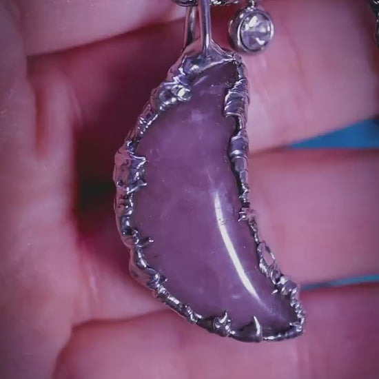 Handmade and unique, rose quartz moon, soft soldered pendant necklace - jewellery and crystal gifts