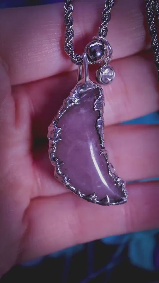 Handmade and unique, rose quartz moon, soft soldered pendant necklace - jewellery and crystal gifts