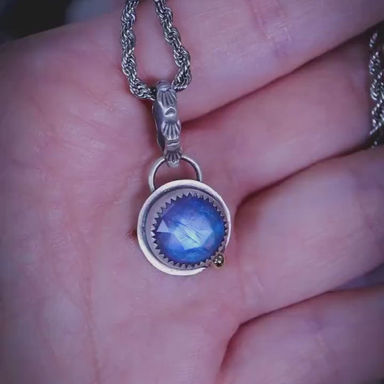 Handmade Rainbow Moonstone Pendant, Sterling Silver, Brass Accent, Patterned Bail, Boho Gothic Jewellery