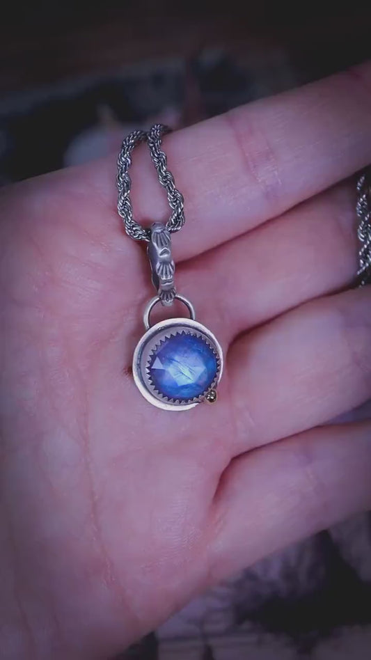 Handmade Rainbow Moonstone Pendant, Sterling Silver, Brass Accent, Patterned Bail, Boho Gothic Jewellery