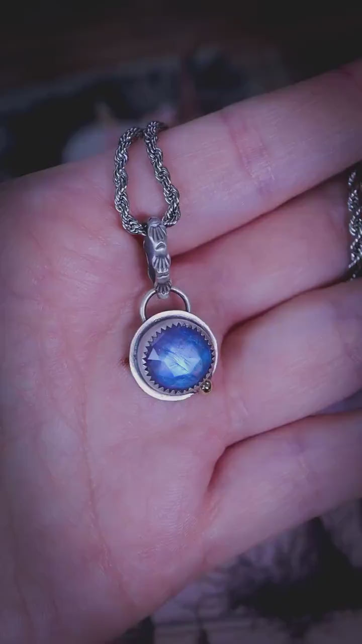 Handmade Rainbow Moonstone Pendant, Sterling Silver, Brass Accent, Patterned Bail, Boho Gothic Jewellery