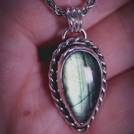 Handcrafted, nature green labradorite, sterling silver pendant necklace: gothic and witchy crystal jewellery gifts