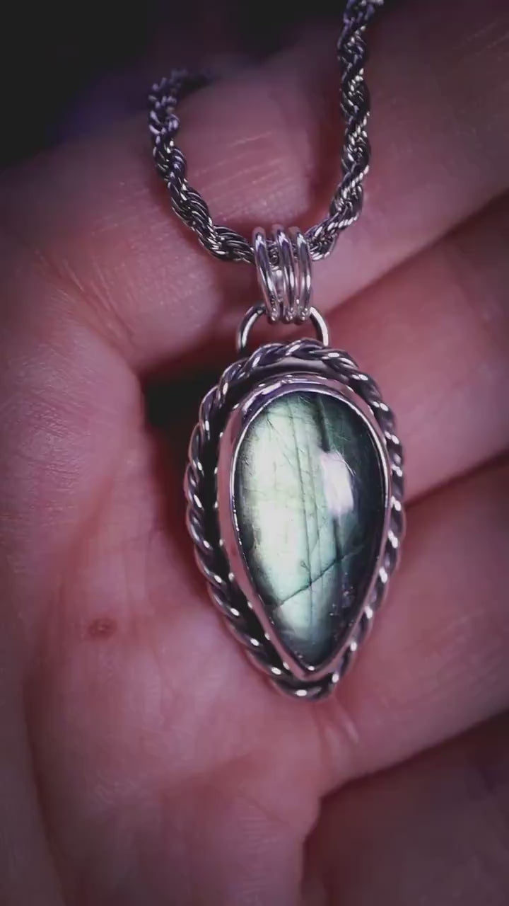 Handcrafted, nature green labradorite, sterling silver pendant necklace: gothic and witchy crystal jewellery gifts