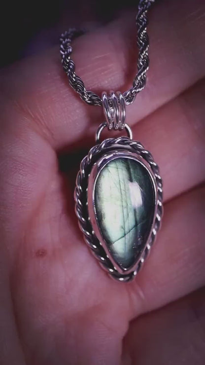 Handcrafted, nature green labradorite, sterling silver pendant necklace: gothic and witchy crystal jewellery gifts