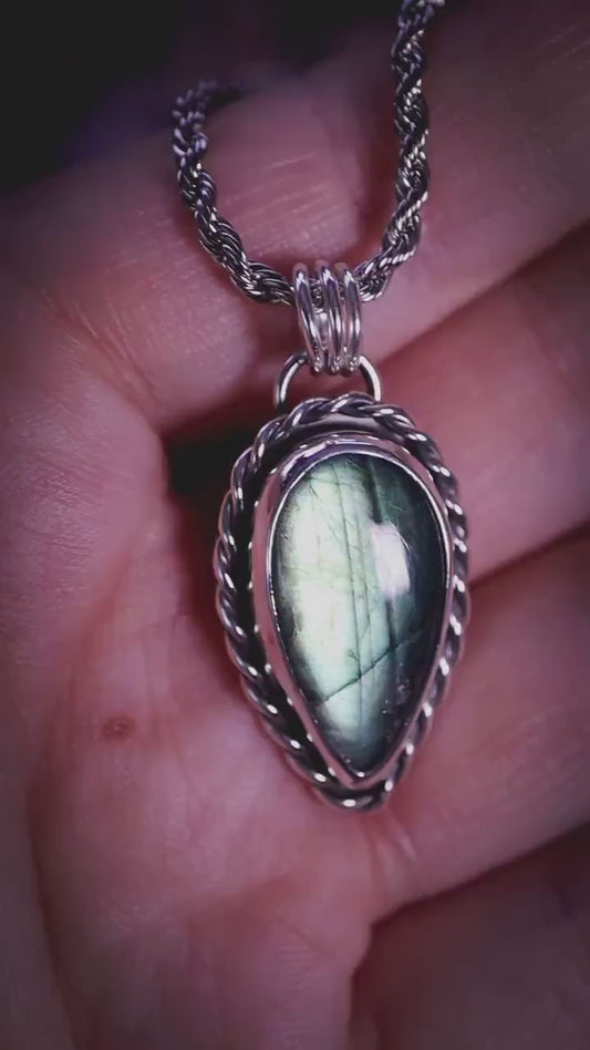 Handcrafted, nature green labradorite, sterling silver pendant necklace: gothic and witchy crystal jewellery gifts