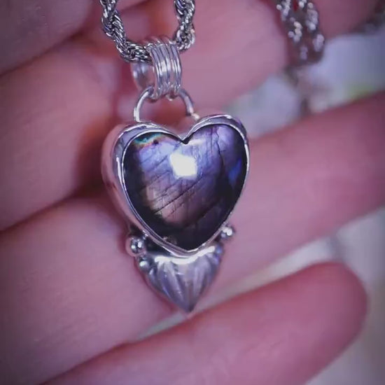 Stunning and handmade, natural purple and blue , labradorite crystal heart, pendant necklace - Crystal gifts