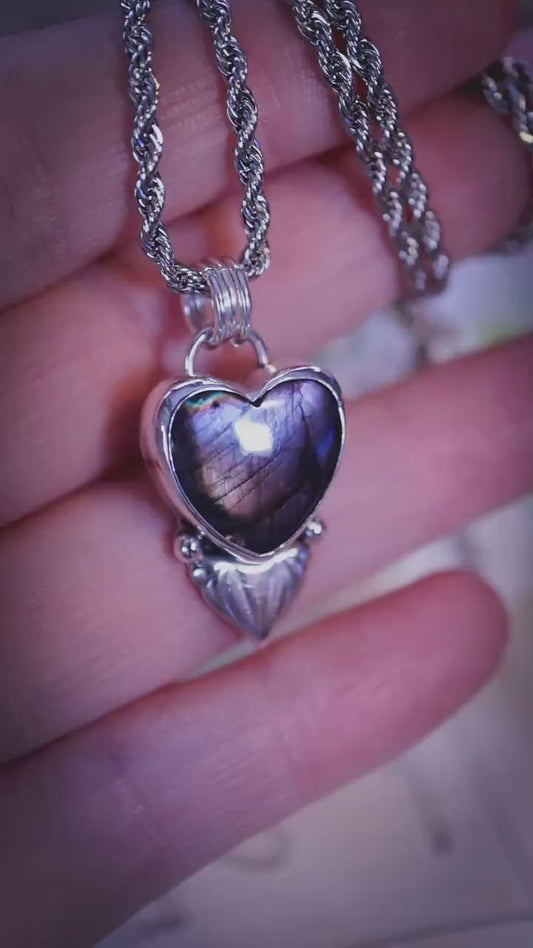 Stunning and handmade, natural purple and blue , labradorite crystal heart, pendant necklace - Crystal gifts