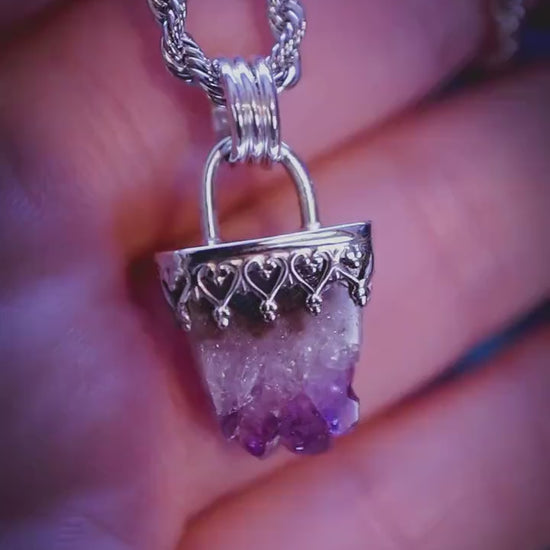 Handmade, natural crystal amethyst cluster, sterling silver pendant necklace: Gothic and witchy jewellery gifts