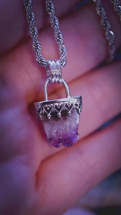 Handmade, natural crystal amethyst cluster, sterling silver pendant necklace: Gothic and witchy jewellery gifts