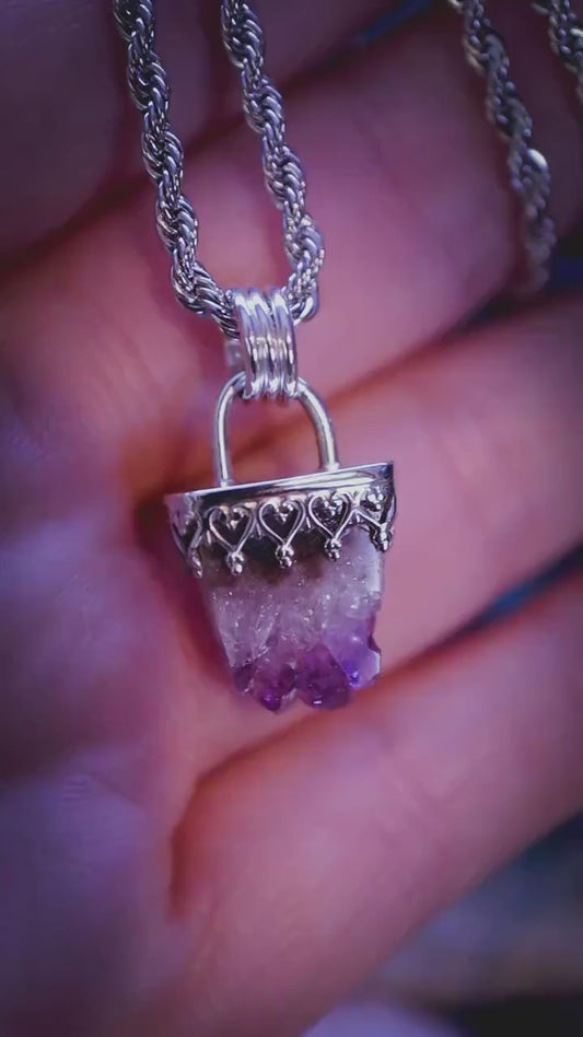 Handmade, natural crystal amethyst cluster, sterling silver pendant necklace: Gothic and witchy jewellery gifts