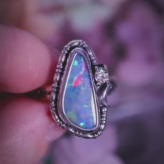 Handmade and bespoke, Australian opal doublet, celestial style, sterling silver ring, crystal jewellery gifts