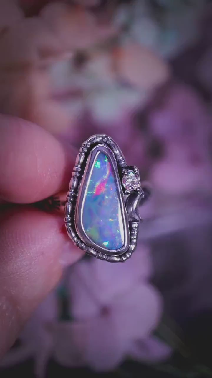 Handmade and bespoke, Australian opal doublet, celestial style, sterling silver ring, crystal jewellery gifts