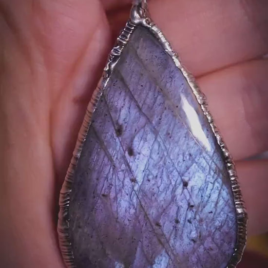 Handmade flashy pastel purple, blue, multi-flash,  labradorite spectrolite soft soldered pendant - witchy jewellery, gothic style