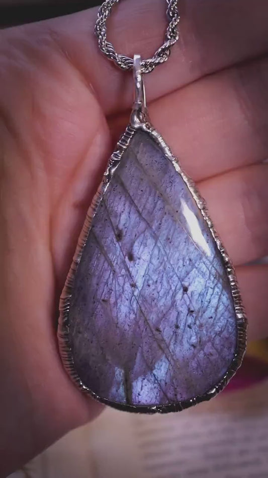 Handmade flashy pastel purple, blue, multi-flash,  labradorite spectrolite soft soldered pendant - witchy jewellery, gothic style
