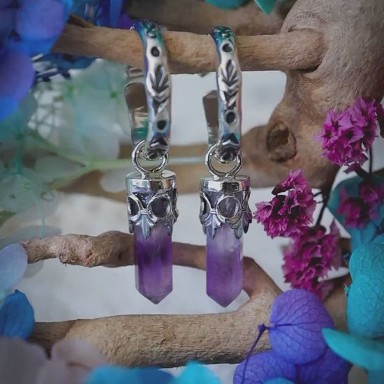 Handmade Amethyst Point, Hoop Earrings - Sterling Silver Gothic Crystal Earrings, February Birthstone, Witchy Boho