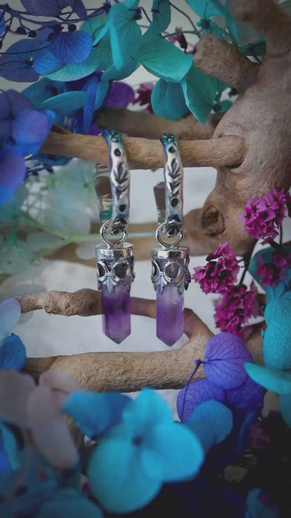 Handmade Amethyst Point, Hoop Earrings - Sterling Silver Gothic Crystal Earrings, February Birthstone, Witchy Boho