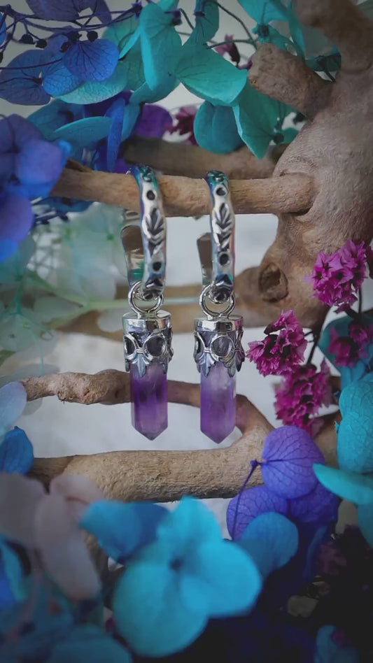 Handmade Amethyst Point, Hoop Earrings - Sterling Silver Gothic Crystal Earrings, February Birthstone, Witchy Boho