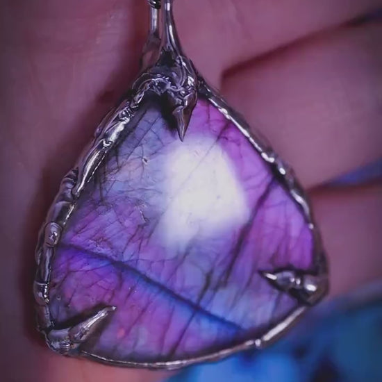 Handmade, purple, blue and pink, Labradorite soft soldered pendent necklace, gothic witchy jewellery