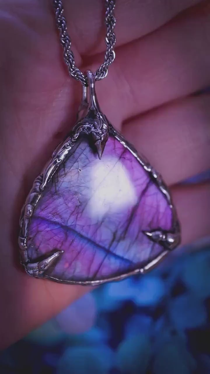 Handmade, purple, blue and pink, Labradorite soft soldered pendent necklace, gothic witchy jewellery