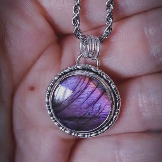 Handcrafted and stunning, deep purple, pink and blue Labradorite Spectrolite, silver pendant necklace -  crystal jewellery gifts