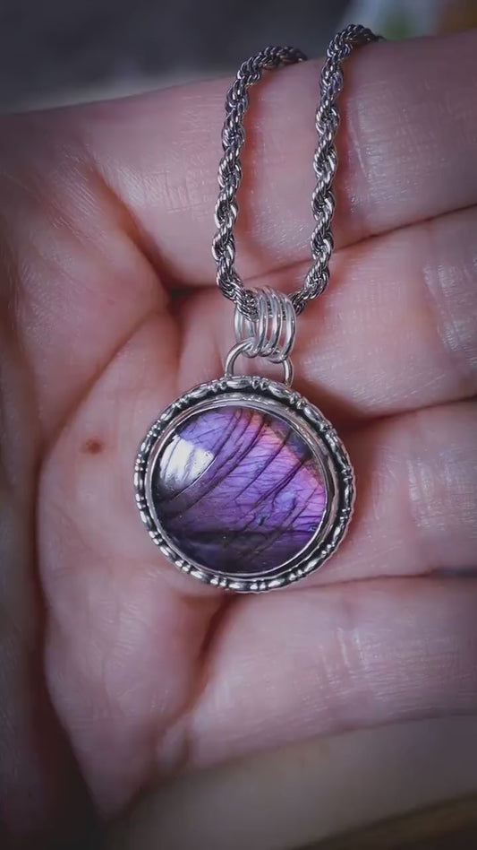 Handcrafted and stunning, deep purple, pink and blue Labradorite Spectrolite, silver pendant necklace -  crystal jewellery gifts