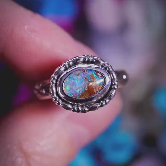 Handmade and unique, Australian boulder opal, sterling silver ring - alternative jewellery gifts