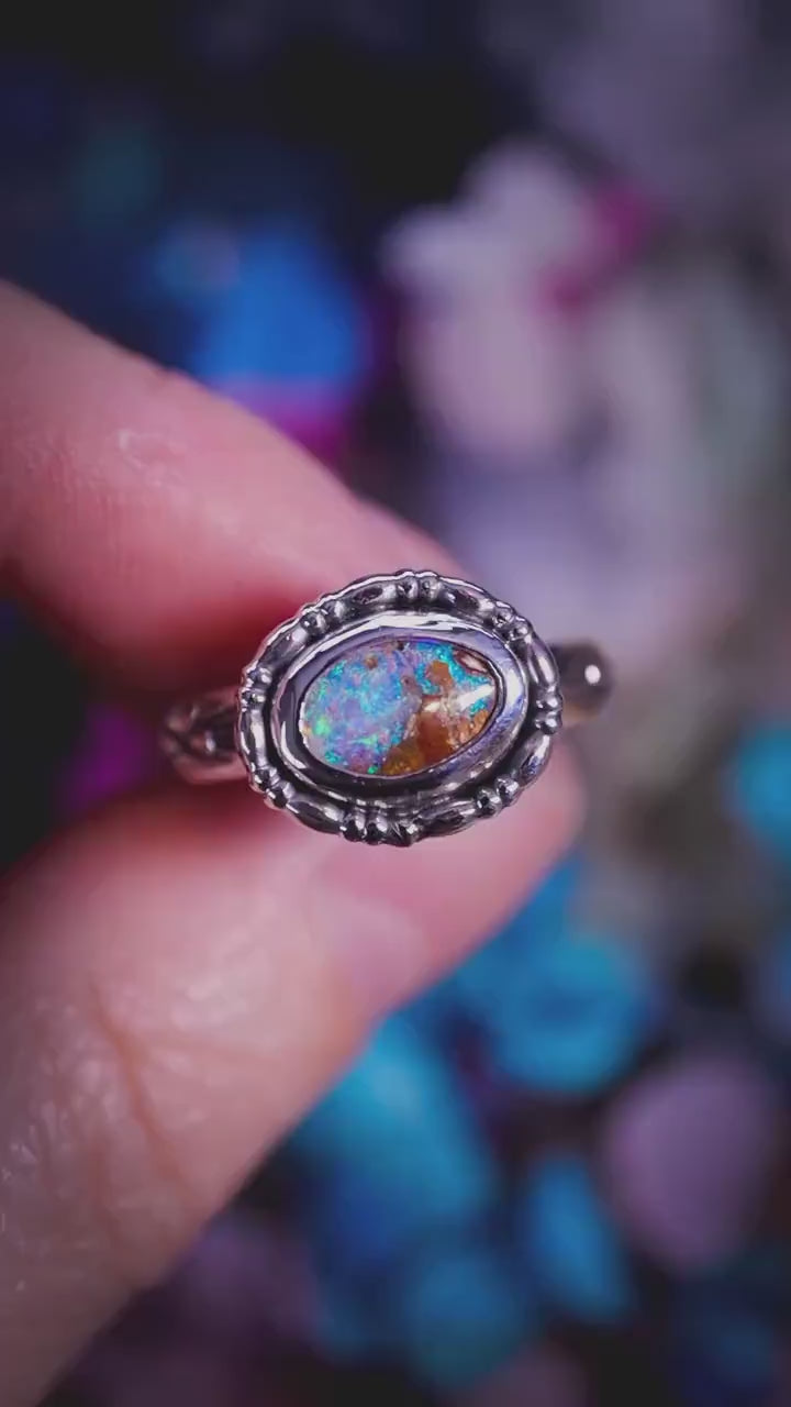 Handmade and unique, Australian boulder opal, sterling silver ring - alternative jewellery gifts