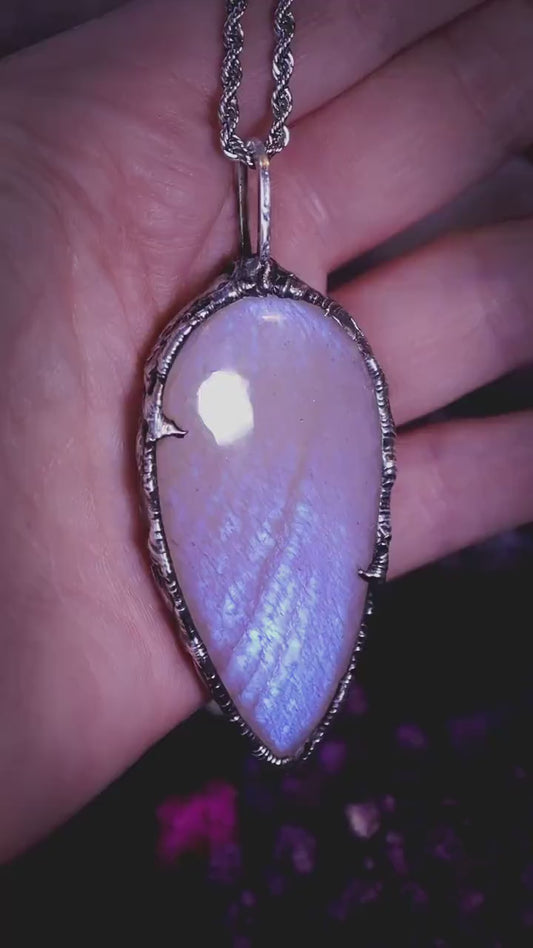 Handmade, flashy belomorite moonstone, soft soldered pendant necklace - crystal jewellery gifts for her