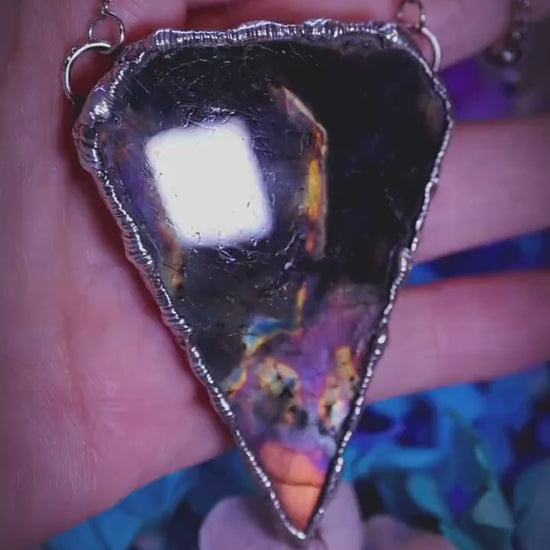 Large statement, rainbow coloured, Labradorite crystal, soft soldered pendant necklace: Crystal jewellery gifts