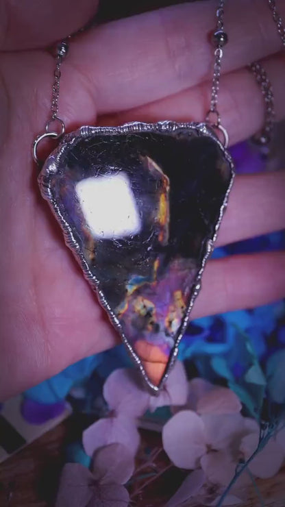 Large statement, rainbow coloured, Labradorite crystal, soft soldered pendant necklace: Crystal jewellery gifts