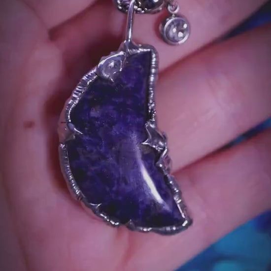 Handmade and unique, sodalite moon, soft soldered pendant necklace - jewellery and crystal gifts