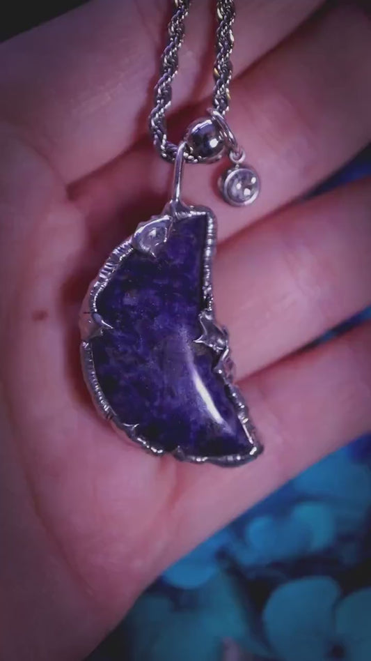 Handmade and unique, sodalite moon, soft soldered pendant necklace - jewellery and crystal gifts