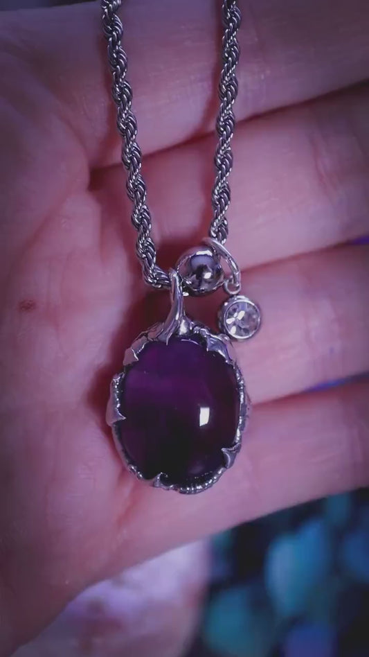 Handmade, dainty, Amethyst crystal, soft soldered pendent necklace, gothic and witchy jewellery