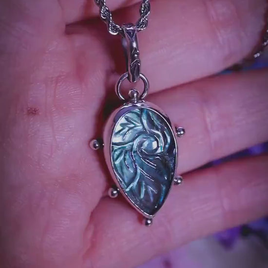 Handmade, sterling silver, carved blue and green labradorite pendant necklace - unique jewellery gifts