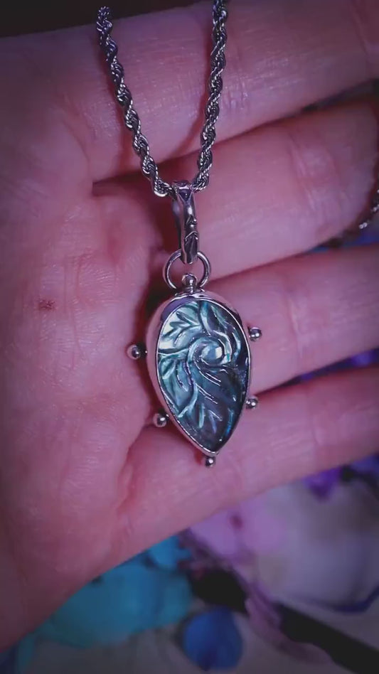 Handmade, sterling silver, carved blue and green labradorite pendant necklace - unique jewellery gifts