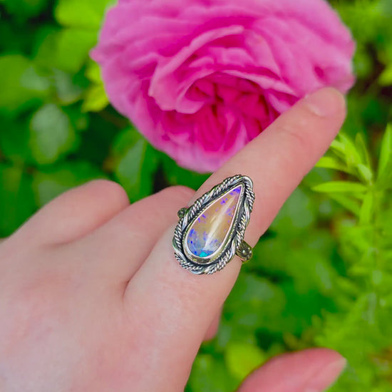 Handmade Australian Opal Statement Ring – Sterling Silver & Fine Silver – UK Size P – October Birthstone