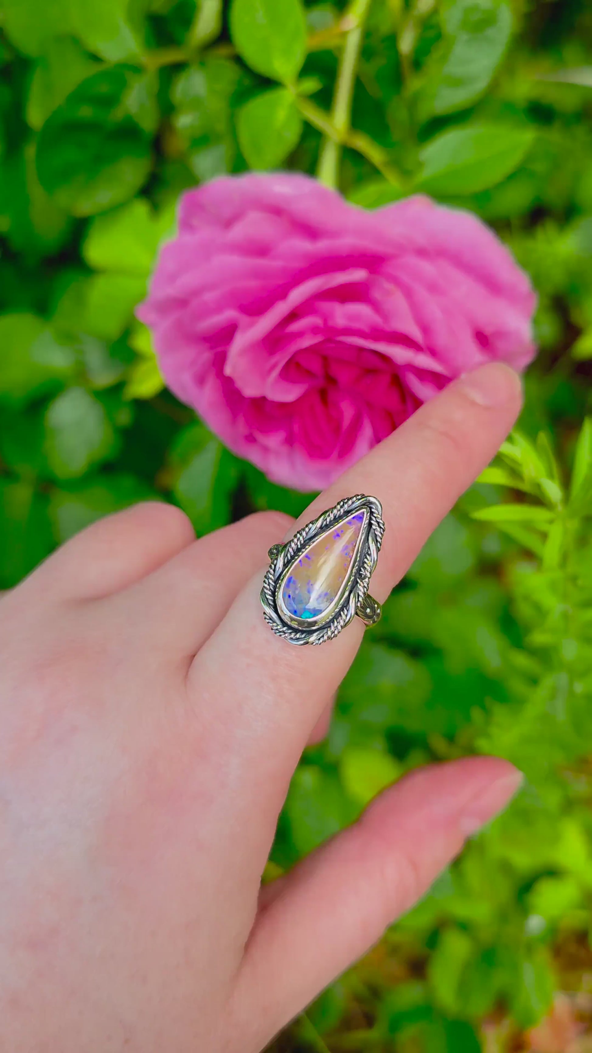 Handmade Australian Opal Statement Ring – Sterling Silver & Fine Silver – UK Size P – October Birthstone