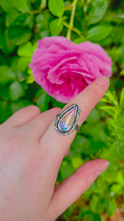 Handmade Australian Opal Statement Ring – Sterling Silver & Fine Silver – UK Size P – October Birthstone